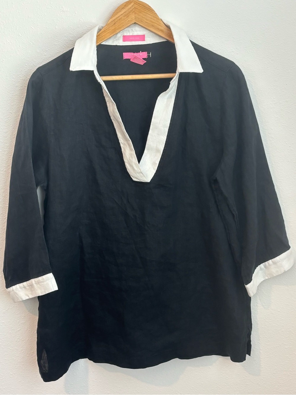 Isaac Mizrahi New York 100% Linen Black Tunic Top White Collar Trim Size L